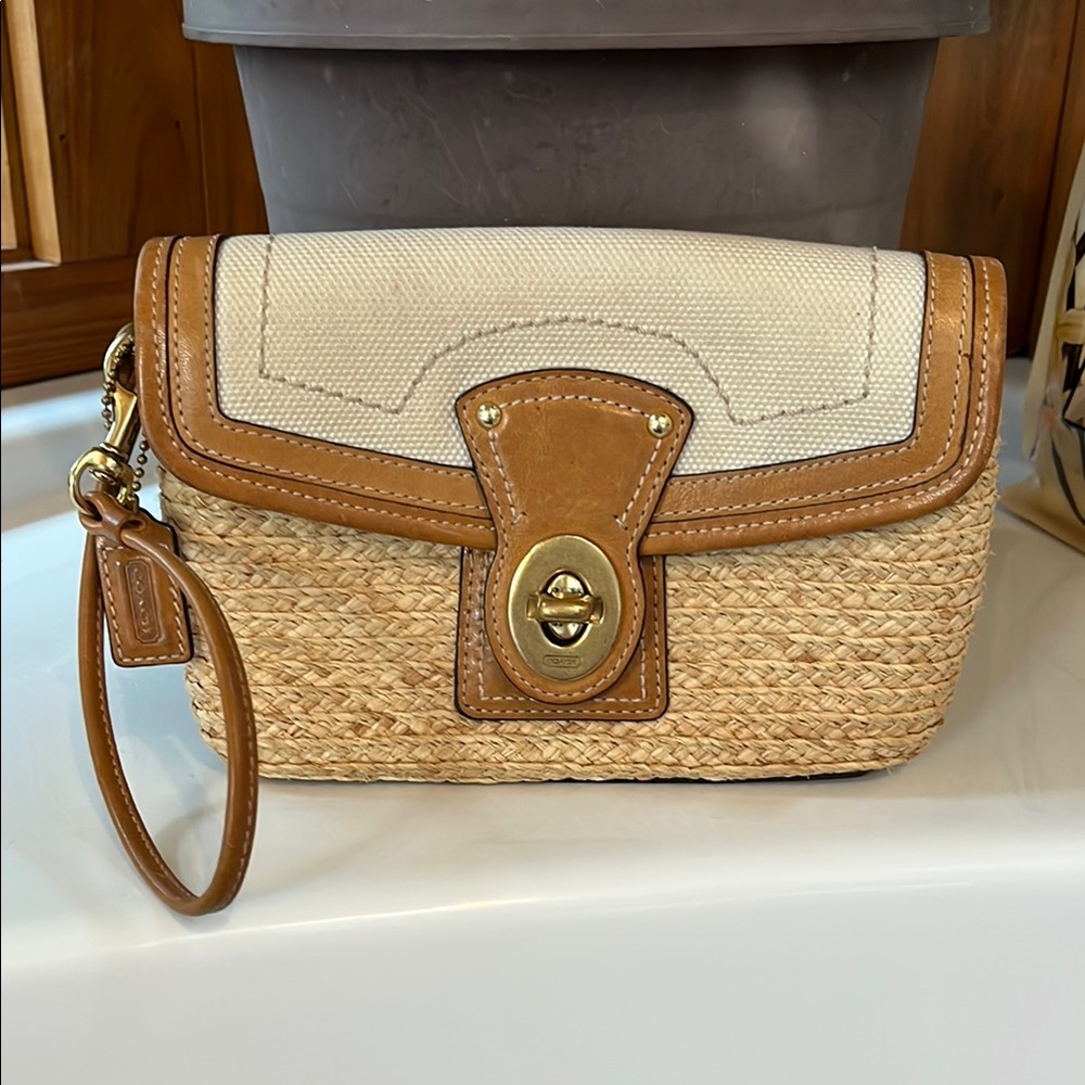 Coach Straw and Leather Wristlet - Natural/Tan